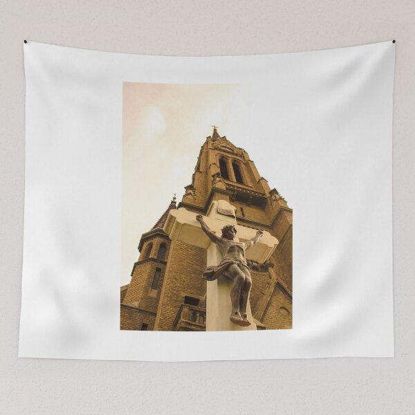 Item preview, Catholic church with Jesus on cross sculpture in front designed and sold by nikola993.