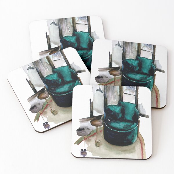 Item preview, Watercolor interior sketch with green armchair and modern tables designed and sold by xeniialunina.