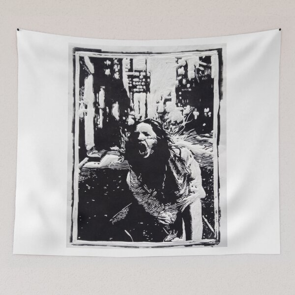 Item preview, black and white woodcut of girl screaming in the street, street madness, melancholy, rage, feelings on the surface, exorbitant ego designed and sold by Mariuki Flow.