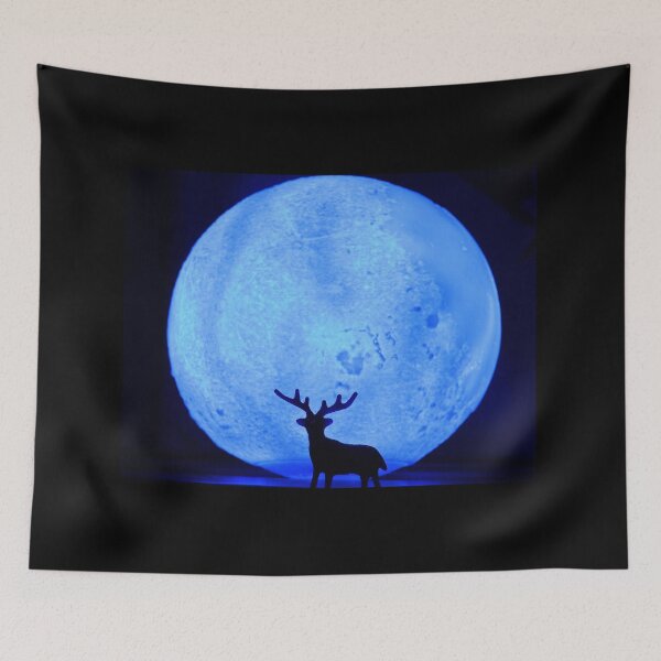 Item preview, A silhouetted reindeer in front of the blue huge moon designed and sold by FCEalin.