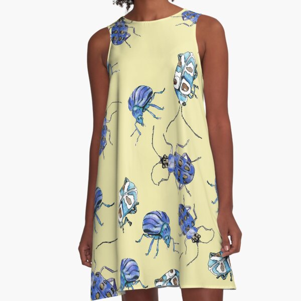 Watercolor Bugs in Blue on Yellow A-Line Dress