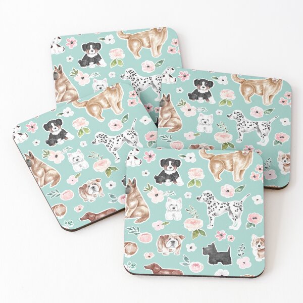 Item preview, Watercolor Dogs and Flowers on Aqua Blue, Pet Decor, Puppy Dog Art designed and sold by cateandrainn.