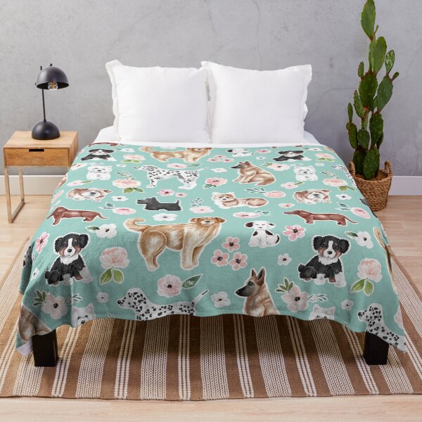 Item preview, Watercolor Dogs and Flowers on Aqua Blue, Pet Decor, Puppy Dog Art designed and sold by cateandrainn.