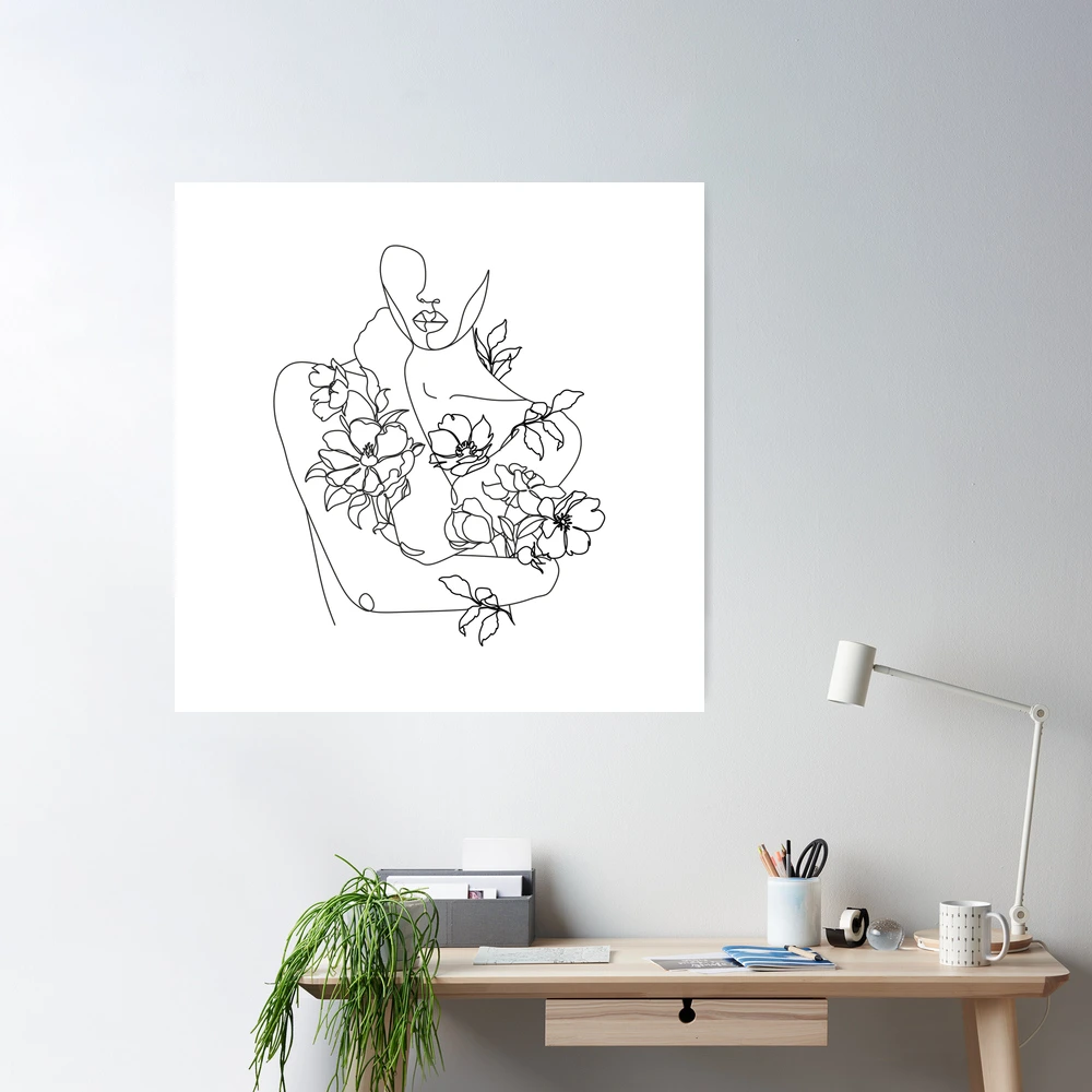 Selbstliebe. Frau umarmt sich, Blumen wachsen heraus Line Art Print. Frau  mit Blumen. Nude Line Art. | Poster