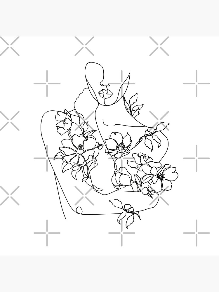 Selbstliebe. Frau umarmt sich, Blumen wachsen heraus Line Art Print. Frau  mit Blumen. Nude Line Art. | Poster