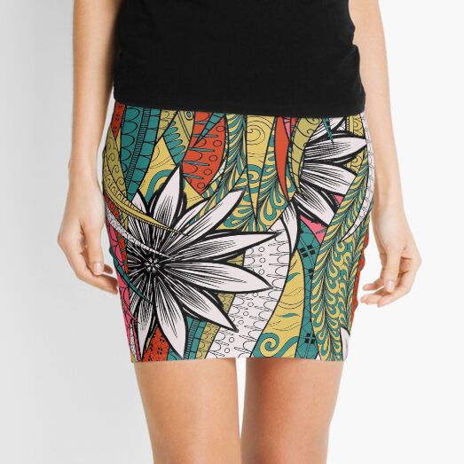 Red & Yellow Boho Floral Fantasy Pattern Mini Skirt