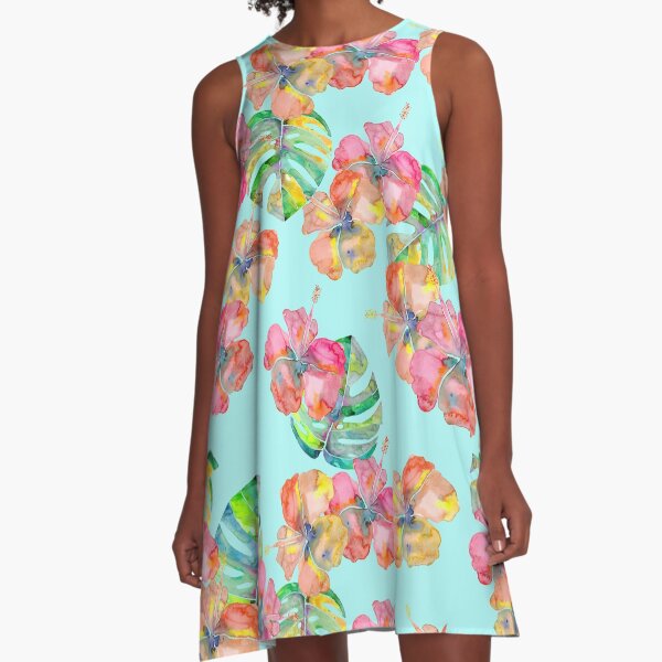 Hand-Painted Hibiscus Flowers A-Line Dress