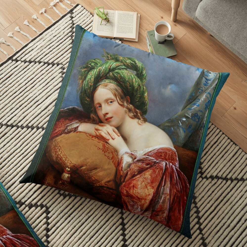Photo Retouching Of Dame Mit Grünem Turban by Aimée Pagès-Brune Classical Art Xzendor7 Old Masters Reproductions Floor Pillow