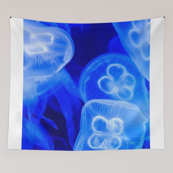Item preview, Jellyfish animal that is found in ocean also called as Moon Jellyfish. Glowing blue color on black background designed and sold by Artsy Boulevard.