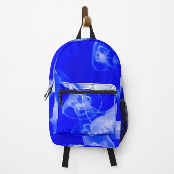 Item preview, Jellyfish animal that is found in ocean also called as Moon Jellyfish. Glowing blue color on black background designed and sold by Artsy Boulevard.