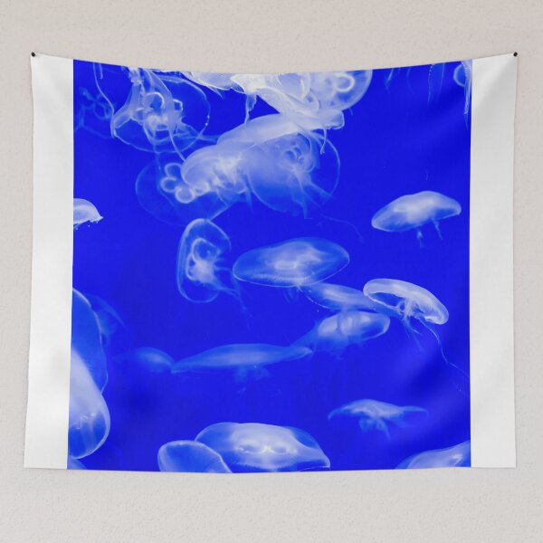 Item preview, Jellyfish animal that is found in ocean also called as Moon Jellyfish. Glowing blue color on black background designed and sold by Artsy Boulevard.