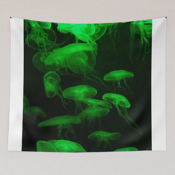 Item preview, Jellyfish animal that is found in ocean also called as Moon Jellyfish. Glowing green color on black background designed and sold by Artsy Boulevard.