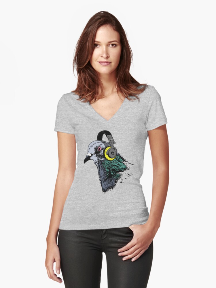 Thumbnail 1 of 3, Fitted V-Neck T-Shirt, Techno Pigeon v2 designed and sold by Nocturnal Prototype™.