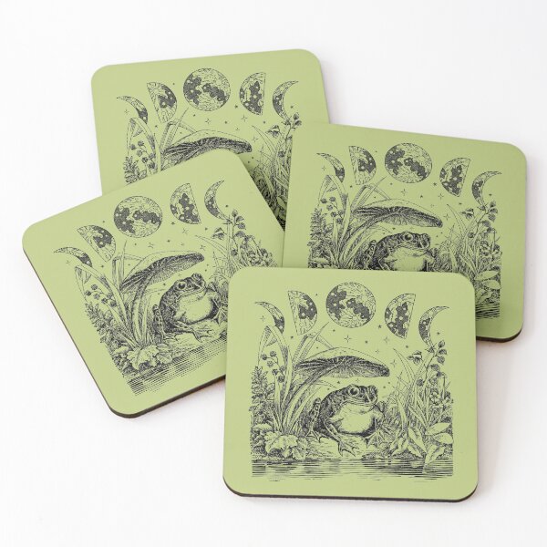 Cute Cottagecore Aesthetic Frog Mushroom Moon Witchy Vintage Pastel Green- Dark Academia Goblincore Witchcraft Froggy - Emo Grunge Nature Fantasy - Fairycore Toad Toadstool Pond Coasters (Set of 4)