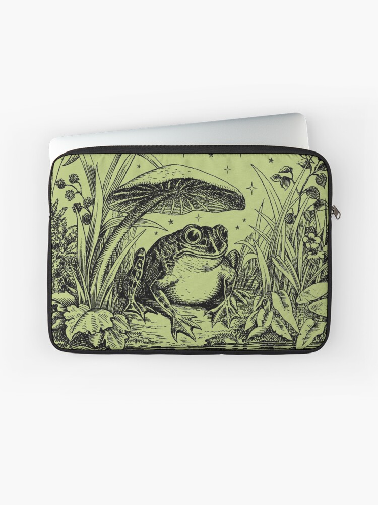 Thumbnail 1 of 2, Laptop Sleeve, Cute Cottagecore Frog with Mushroom and Moon: A Witchy Vintage Pastel Green Aesthetic Infused with Dark Academia, Goblincore Witchcraft, Emo Grunge Fantasy, and Fairycore Toadstool Pond designed and sold by MinistryOfFrogs.