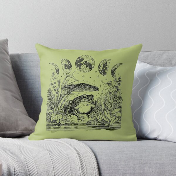 Cute Cottagecore Aesthetic Frog Mushroom Moon Witchy Vintage Pastel Green- Dark Academia Goblincore Witchcraft Froggy - Emo Grunge Nature Fantasy - Fairycore Toad Toadstool Pond  Throw Pillow