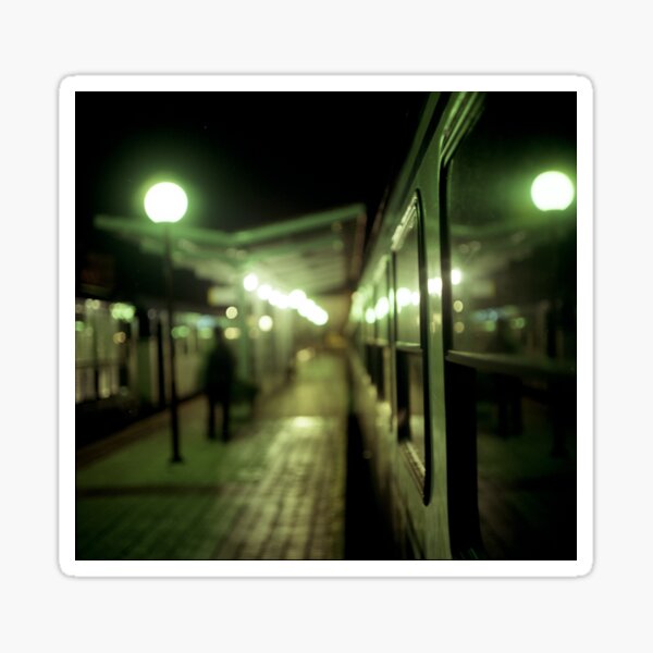 Old train at night in empty station green square Hasselblad medium format film analog photograph Sticker