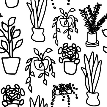 Artwork thumbnail, Common Houseplant Doodle Black and White Repeating Pattern by Rachel McNeil