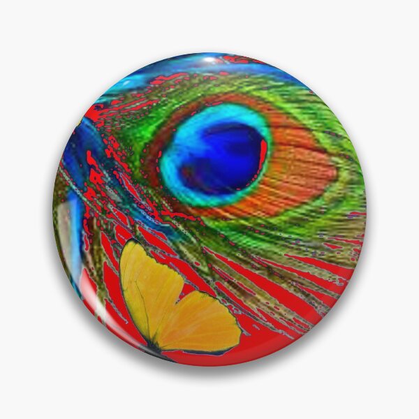 Artikelvorschau, BLUE PEACOCK & YELLOW BUTTERFLY ABSTRACT RED PATTERN ART entworfen und verkauft von sharlesart.