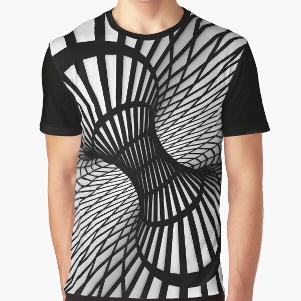 Op Art Black and White Wireframe Twisted Tilted Tunnel Optical Illusion Graphic T-Shirt