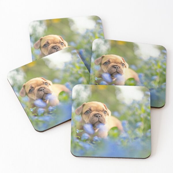 Item preview, French bulldog puppy in the blue flower field designed and sold by LuckyPictures.