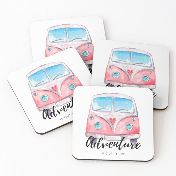 Item preview, Pink watercolor mini van with quote: adventure is out there - travel sticker  designed and sold by KIKAIA  The Label.