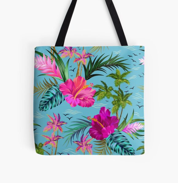 Hawaiian Cotton Black Floral Eco Shopping Foldable Tote Bag Tropical Hawaii New