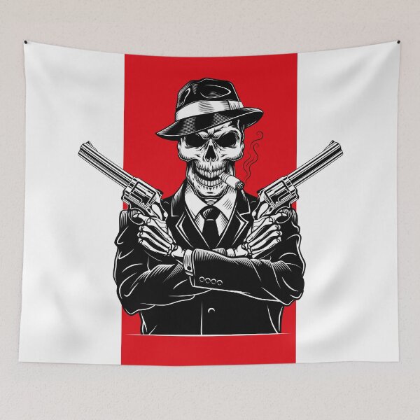 Item preview, Skeleton with pistols smokes a cigar designed and sold by OneLine24.