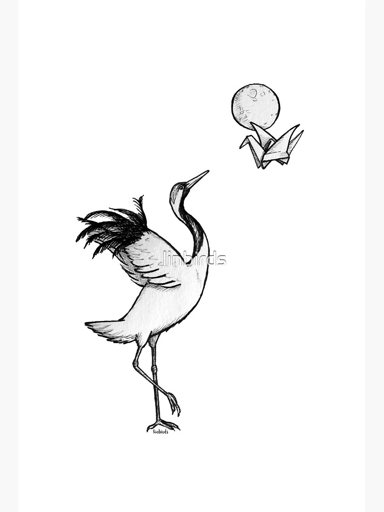 Whimsical Red-crowned Crane Dancing with Origami Crane and Whimsical Red-crowned Crane Dancing with Origami Crane and