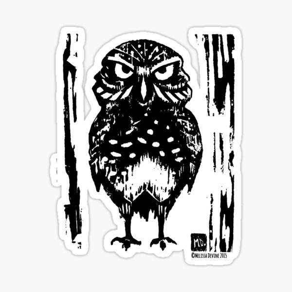Burrowing Owl Wood Cut Design by Melissa Devine Black on Light/Medium BG Sticker