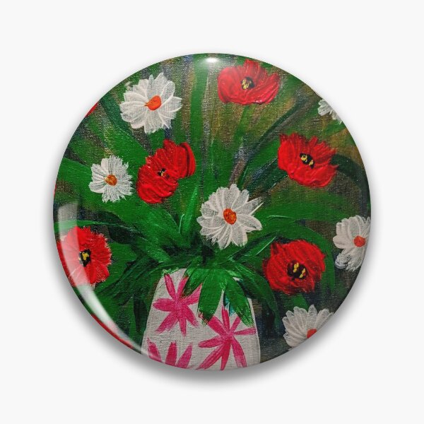 Item preview, Poppies and daisy's in a white vase with pink stars designed and sold by kkartwork.