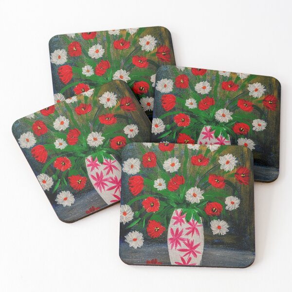 Item preview, Poppies and daisy's in a white vase with pink stars designed and sold by kkartwork.