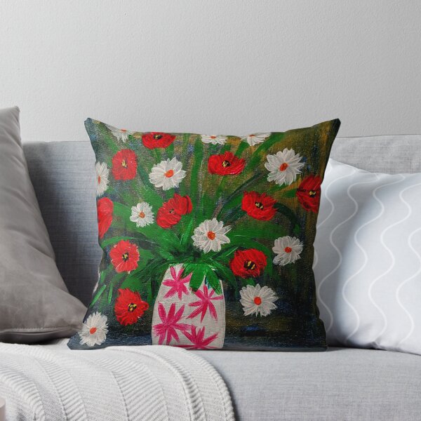 Item preview, Poppies and daisy's in a white vase with pink stars designed and sold by kkartwork.