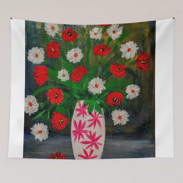 Item preview, Poppies and daisy's in a white vase with pink stars designed and sold by kkartwork.