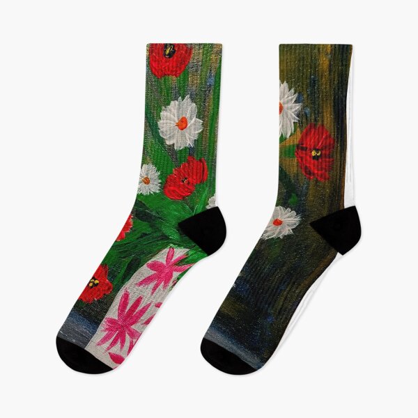 Item preview, Poppies and daisy's in a white vase with pink stars designed and sold by kkartwork.