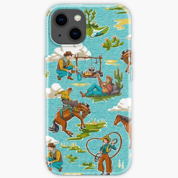 Retro Out West Cowboy and Cowgirl Pattern in Bright Blue iPhone Soft Case