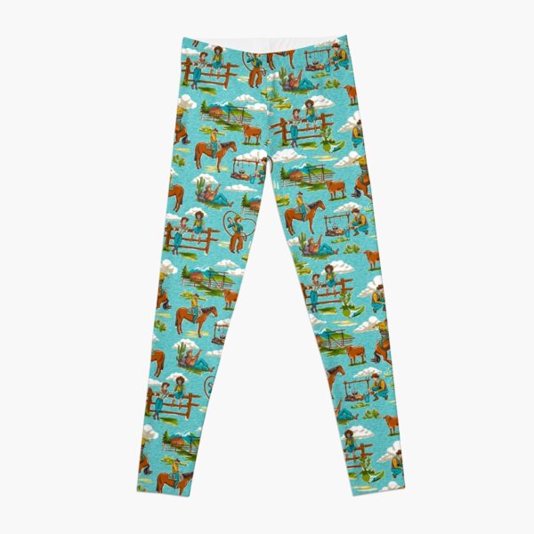 Retro Out West Cowboy and Cowgirl Pattern in Bright Blue Leggings