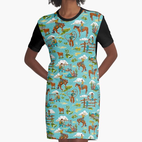 Retro Out West Cowboy and Cowgirl Pattern in Bright Blue Graphic T-Shirt Dress