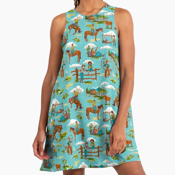 Retro Out West Cowboy And Cowgirl Pattern In Bright Blue Cowboy A-Line Dress Retro Out West Cowboy And Cowgirl Pattern In Bright Blue Cowboy A-Line Dress