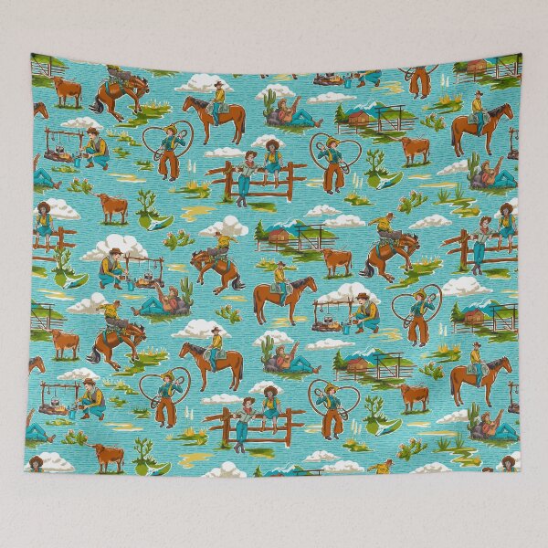 Item preview, Retro Out West Cowboy and Cowgirl Pattern in Bright Blue designed and sold by vinpauld.