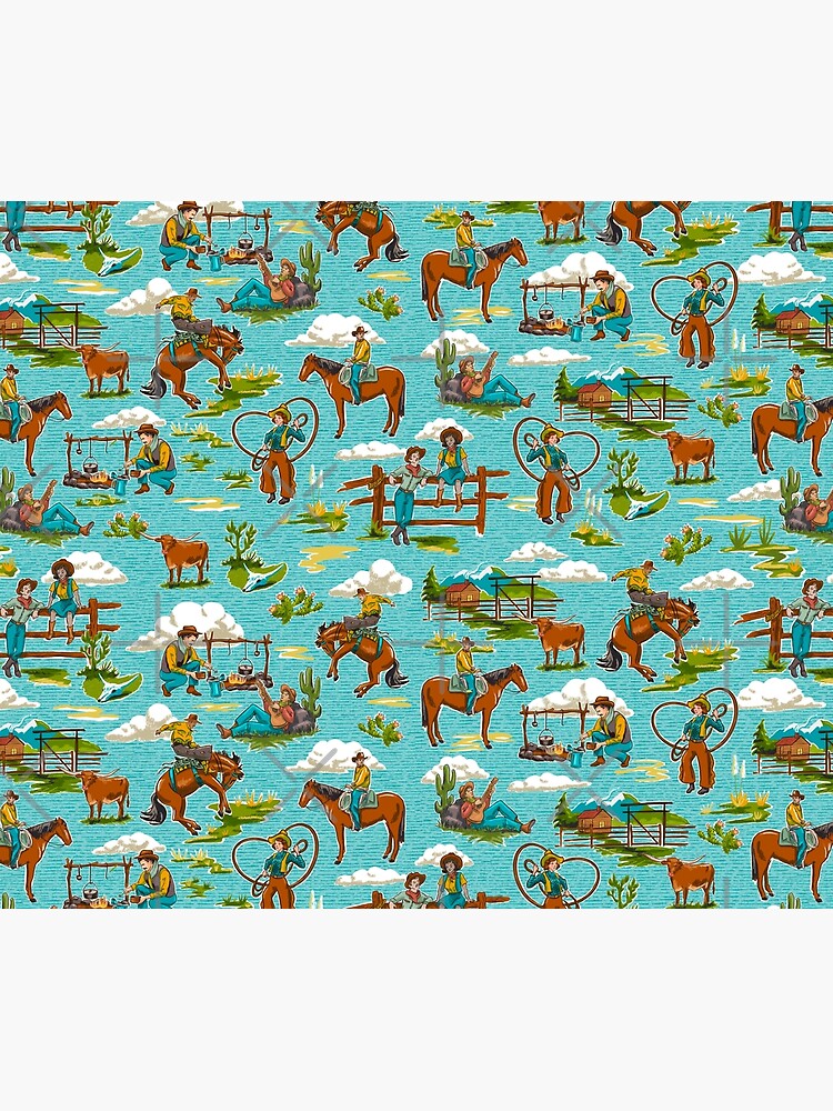 Retro Out West Cowboy and Cowgirl Pattern in Bright Blue by vinpauld