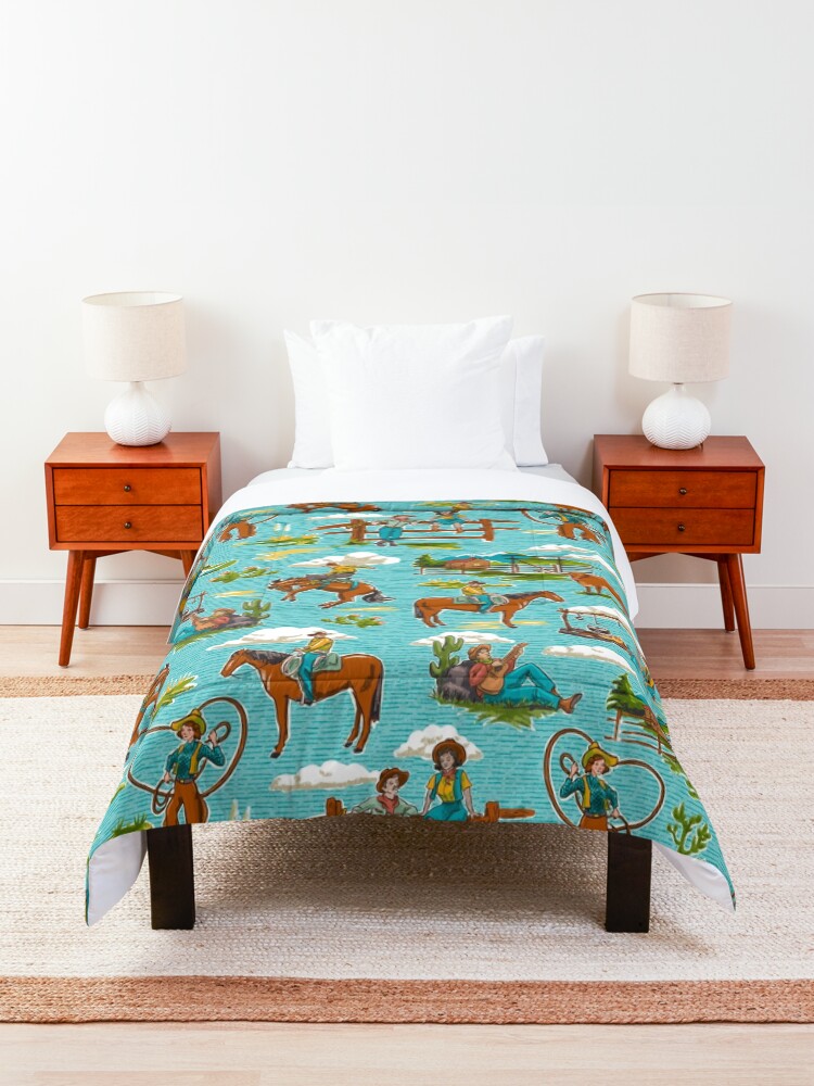 Alternate view of Retro Out West Cowboy and Cowgirl Pattern in Bright Blue Comforter