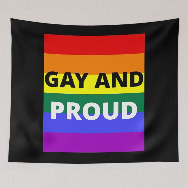 Item preview, GAY AND PROUD on rainbow background designed and sold by uniqueitems.