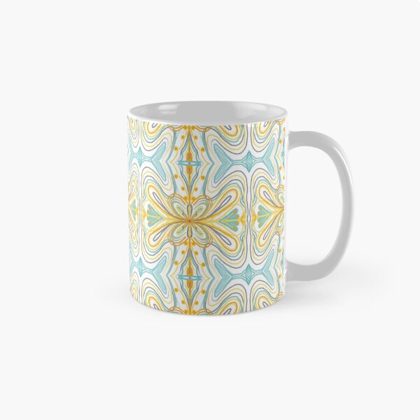 Item preview, Tapestry style repeat pattern design in gold and pale blue designed and sold by Art and Tea Studio.