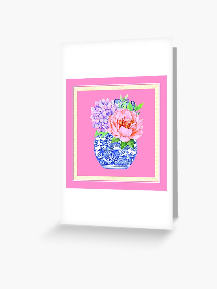 Tarjetas de felicitación «Regalo del día de la madre: hortensias  chinoiserie y ramo de peonías en porcelana jengibre» de Yunihadi | Redbubble