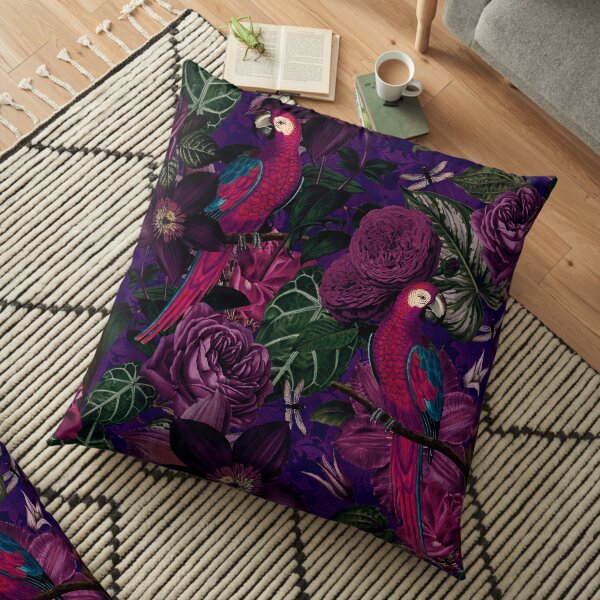 Illustration botanique vintage de paradis tropical oiseau de la jungle de minuit Coussin de sol