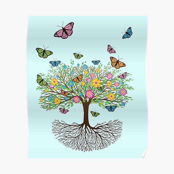Tree of life with butterflies and flowers Poster