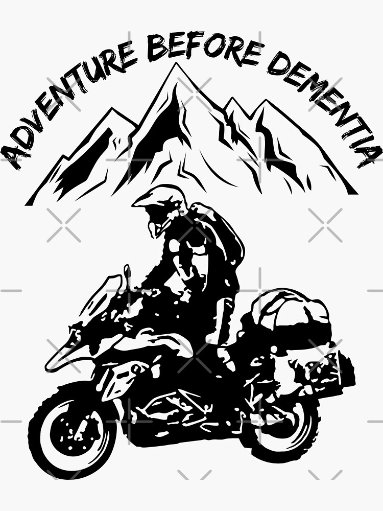 Thumbnail 3 of 3, Sticker, Adventure Before Dementia Funny Mountain Adventure Motorcycle designed and sold by Vrabis.