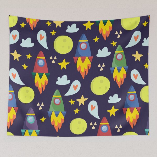 Item preview, Rockets in Outer Space blast off among the moon and stars designed and sold by PeppermintCreek.