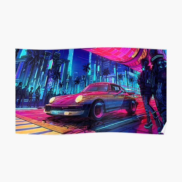 Cyberpunk Nuit Ville Voiture Poster